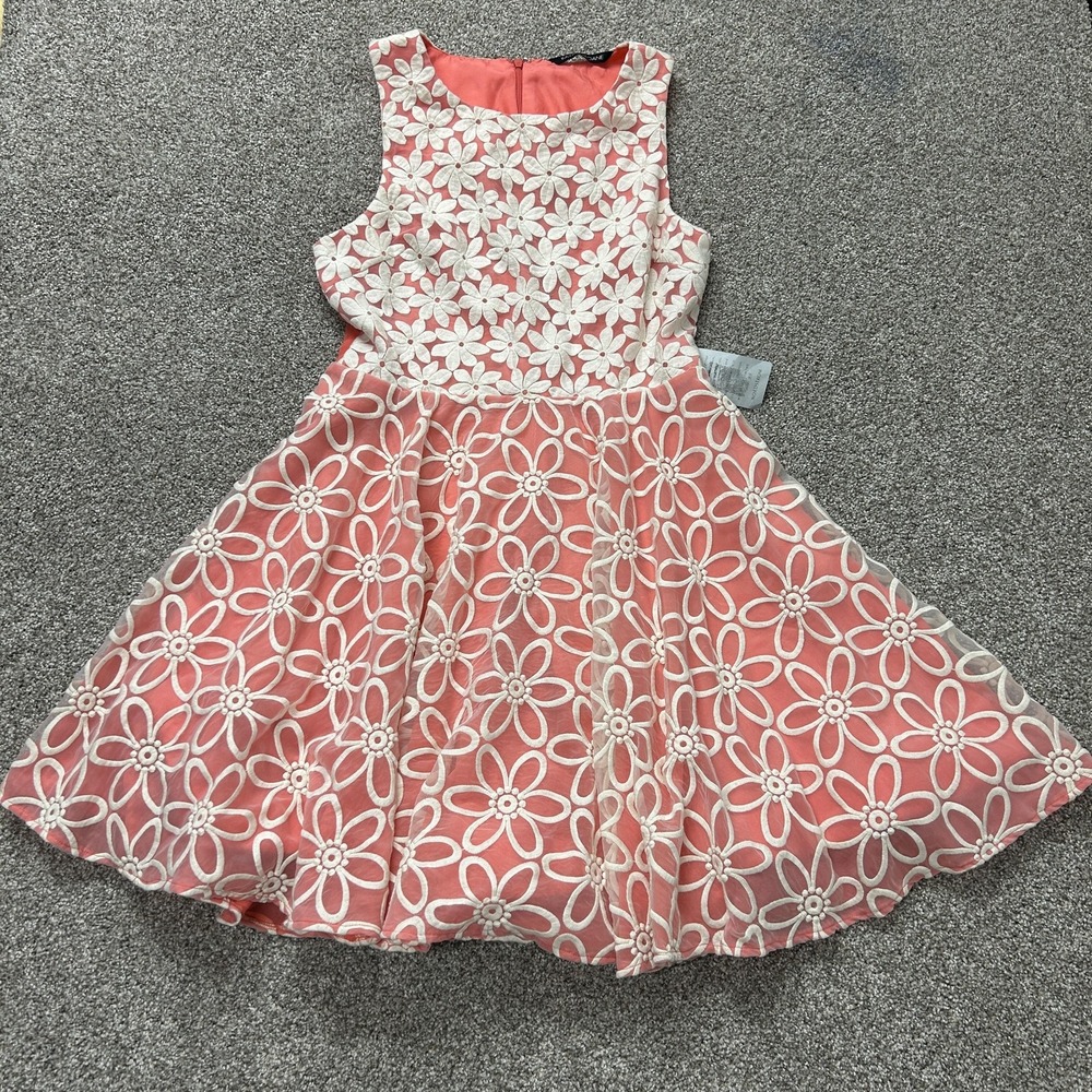 Kaya & Sloane Dress Womens M Peach White Floral Tulle Fit & Flare Party Wedding